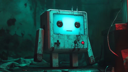 Glowing cube robot idles in decayed industrial room
