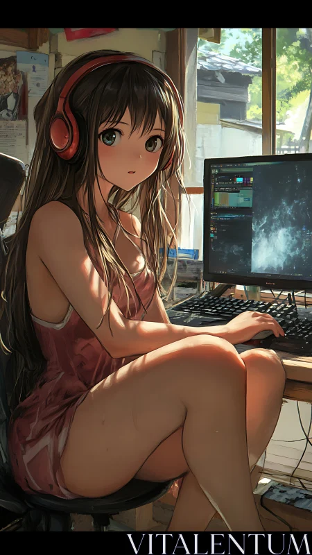 Anime girl in headphones works quietly at a sunny home PC desk