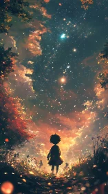 Child beneath cosmic sky walks a glowing forest path