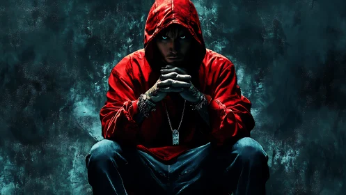 Hooded figure seated in shadows with intense forward stare.