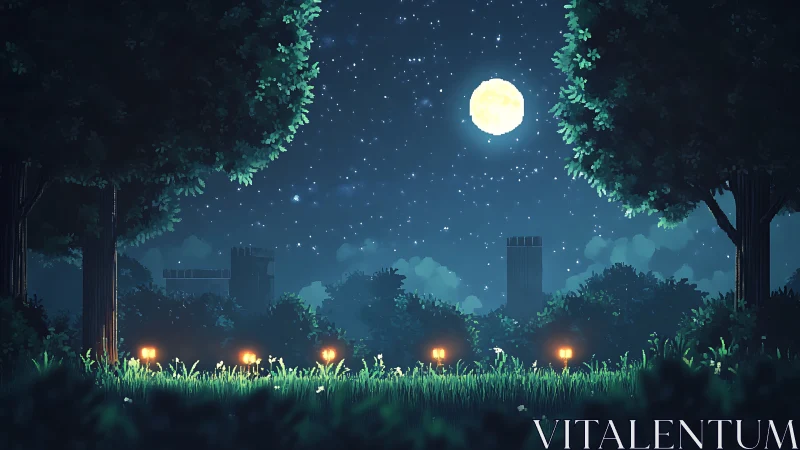 Luminous Night Scene: Moonlit Forest with Distant Towers.