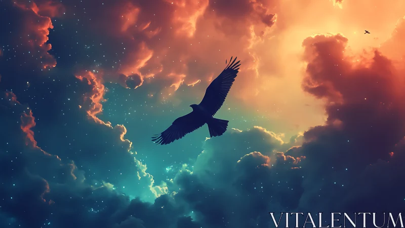 Majestic bird silhouette soaring through vibrant, dreamy sunset clouds.