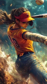 Dynamic softball batter swinging bat in dramatic action scene.