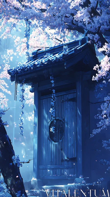 Moonlit shrine gate under cascading cherry blossoms.