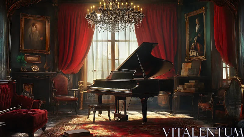 Digital painting of grand piano in opulent red salon interior.
