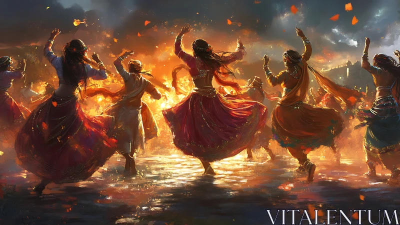 Joyful firelit festival dancers in swirling colorful skirts.