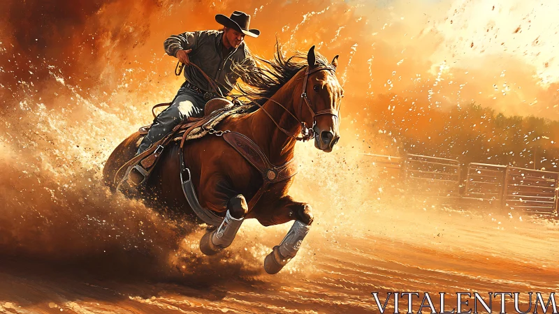 Cowboy and horse charge through blazing dust and flying light