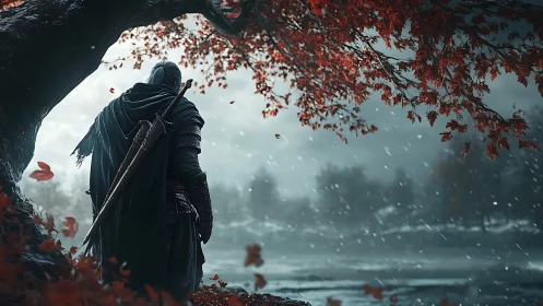 Solitary warrior contemplates a misty battlefield beneath crimson leaves
