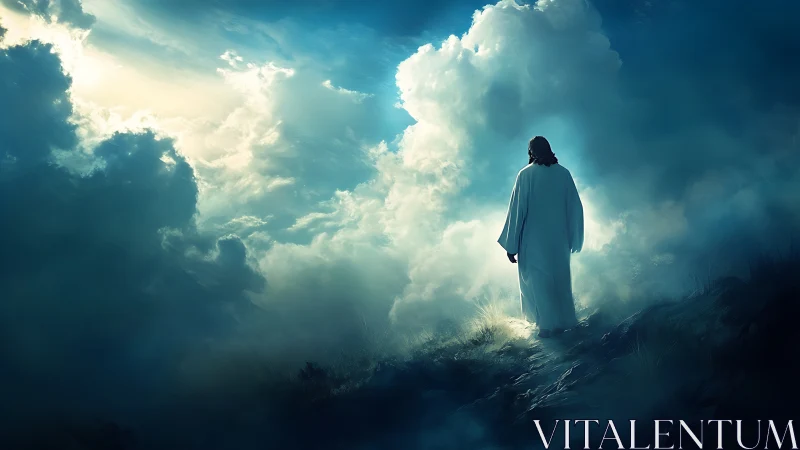 Solitary robed figure walking toward bright sky opening.