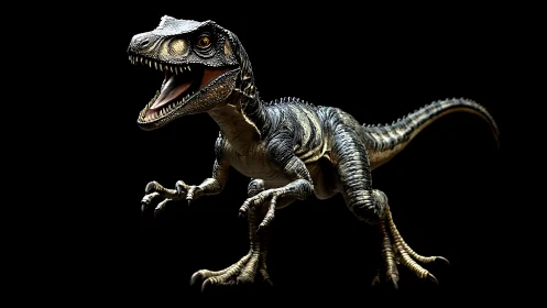 Snarling velociraptor lunges from darkness in dramatic focus