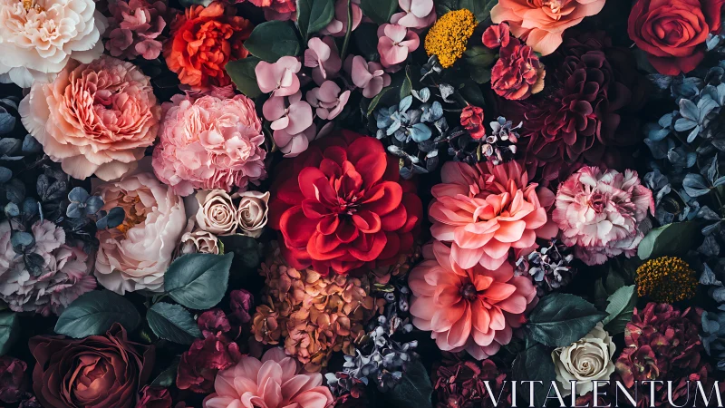 Dense floral arrangement with layered garden roses and varied blooms