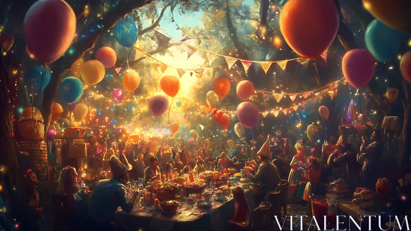 Dense outdoor birthday banquet under lantern-lit forest canopy