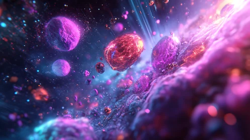 Dynamic field of luminous particles in abstract space scene.