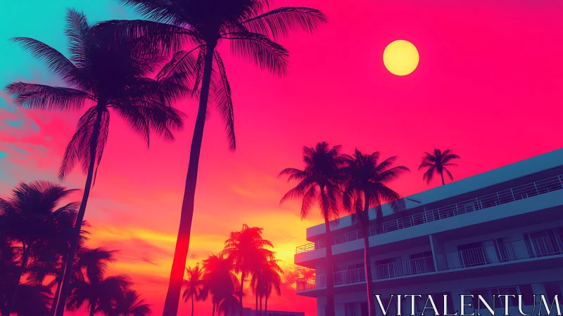 Neon palm skyline glows over a modern coastal apartment