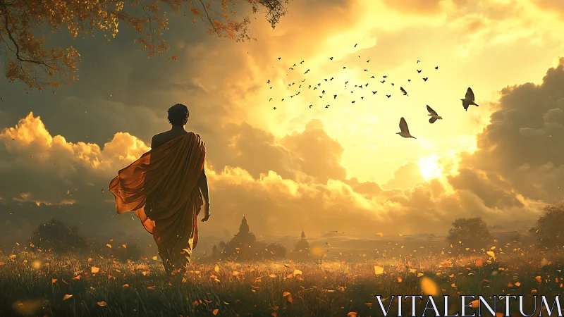 Monastic silhouette in volumetric golden-hour atmospheric bloom.