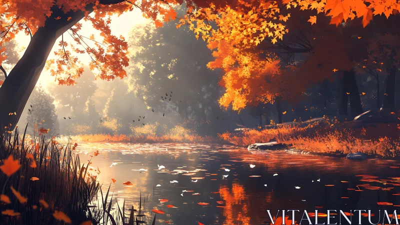 Autumn forest river under soft sunlight with falling leaves.