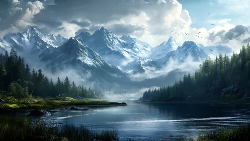 Snowcapped mountain range rises above reflective alpine lake