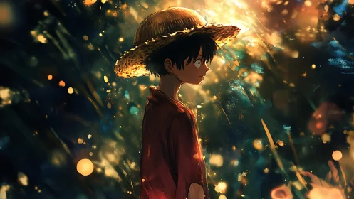 Straw hat boy walks through glowing abstract forest light.