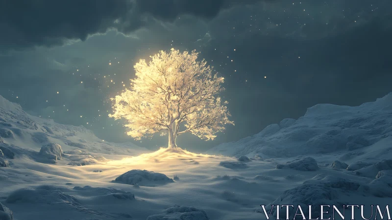 Luminous winter tree glows alone in vast snowy valley