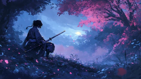 Quiet samurai rests beneath glowing pink twilight trees