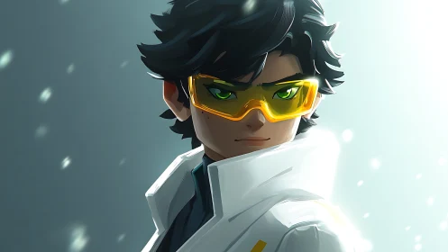 Futuristic anime hero in white tech suit under rim lighting
