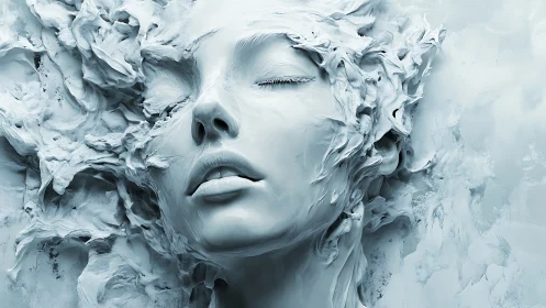 Sculpted face emerges from swirling white abstract textures