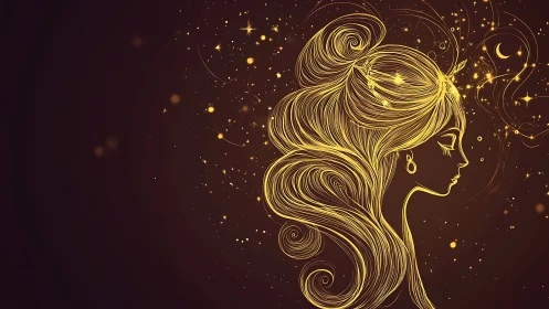 Elegant golden line art of a woman with celestial elements on dark background.