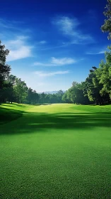 Golf fairway bordered by trees under clear blue sky.
