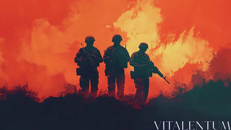 Silhouetted soldiers stand amid fiery explosions and smoke.