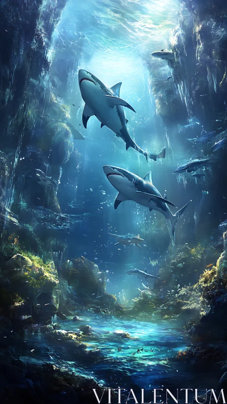 Majestic sharks glide through a glowing underwater canyon