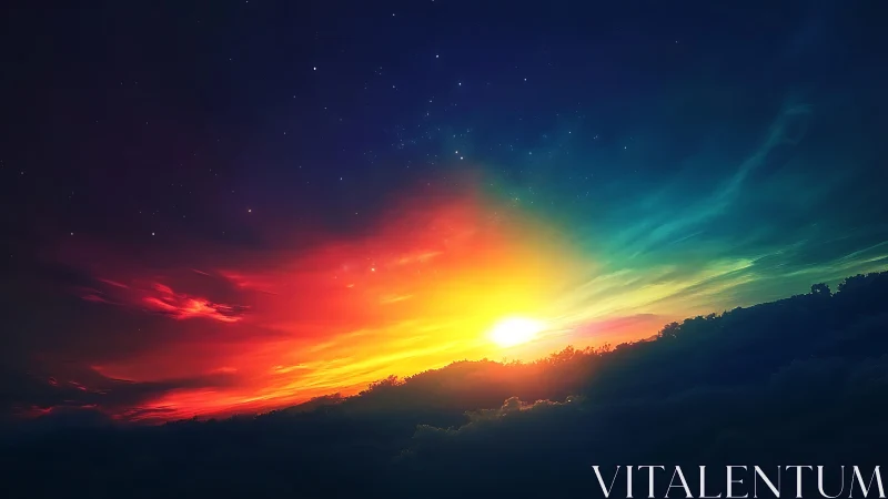 Vibrant digital sunrise over clouds and starry gradient sky.