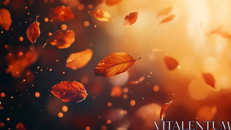 Autumn leaves drift through golden backlit bokeh glow.
