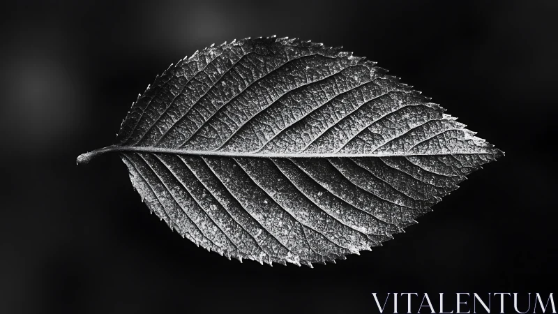 Monochrome macro study of serrated leaf venation on black