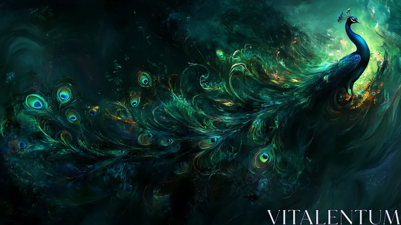 Nebula plume peacock gliding through emerald starlight.