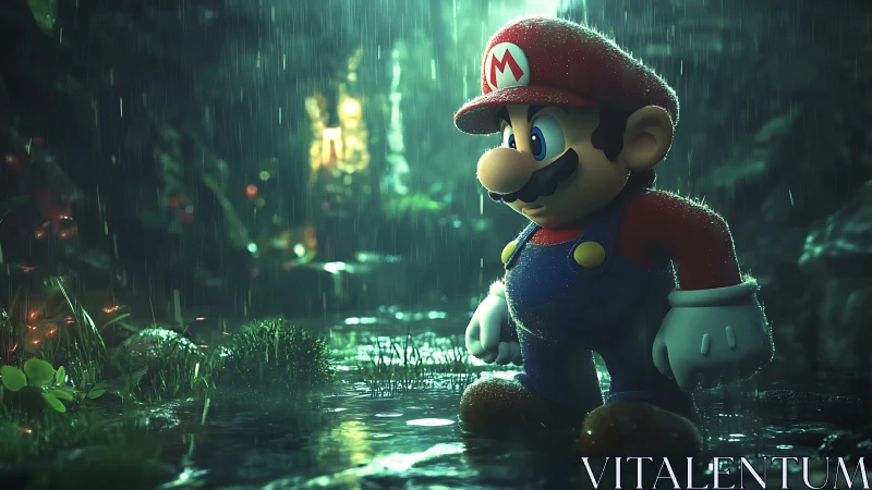 Mario enjoying a rainy forest adventure with quiet wonder.