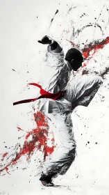 Paint-splashed karate kick freezes storm-lit motion mid-air.