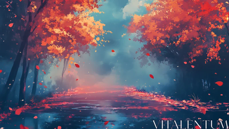 Glowing autumn forest path reflected in tranquil water.