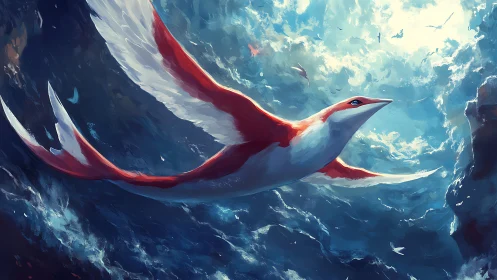 Red and white fantasy bird gliding through a bright sky.