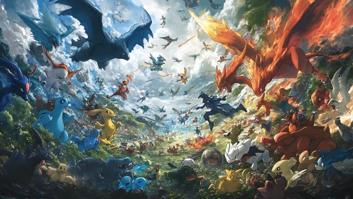 Panoramic elemental creature battle in dynamic digital tableau.