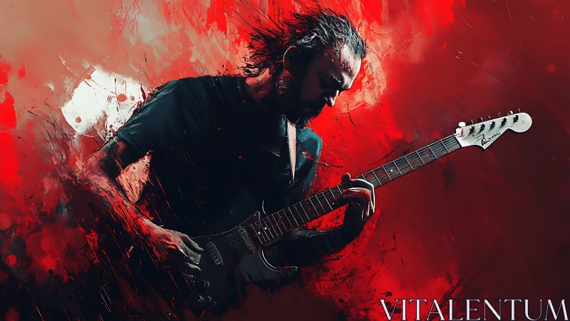 Electric guitar storm in a sea of red and motion.