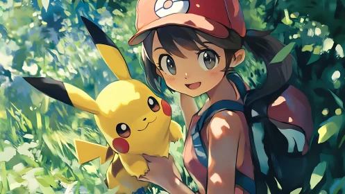 Sunlit forest stroll with a cheerful trainer and Pikachu.