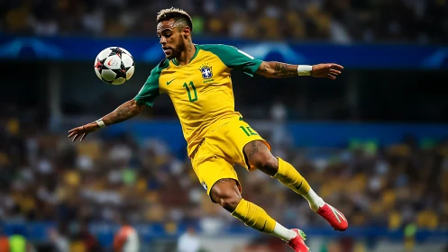 Dynamic midair football control by Brazilian forward in match.