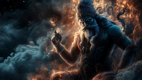 Mythic celestial warrior emerging from turbulent nebular fire.