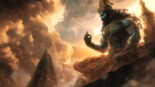 Colossal blue deity figure above temple under dense clouds.