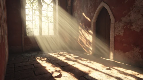 Sunlit rays entering old stone corridor interior scene.