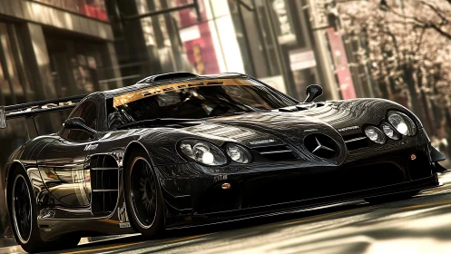 Midnight-black Mercedes racer gliding through city streets.