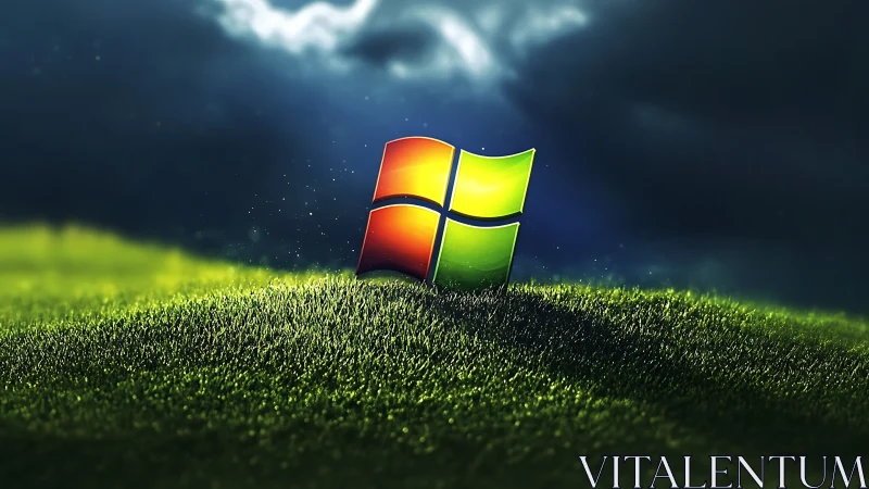 Windows-style quadrants logo on grassy terrain at dusk.