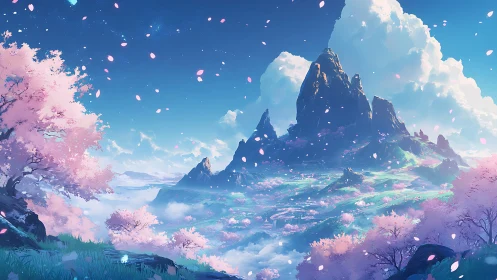 Blossom valley beneath starlit mountains and drifting petals.