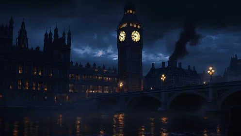 Clock tower and Westminster Bridge at night over river Thames.