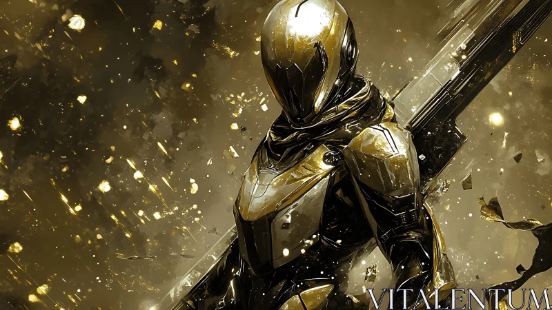 Golden starlit space warrior strides through cosmic sparks.